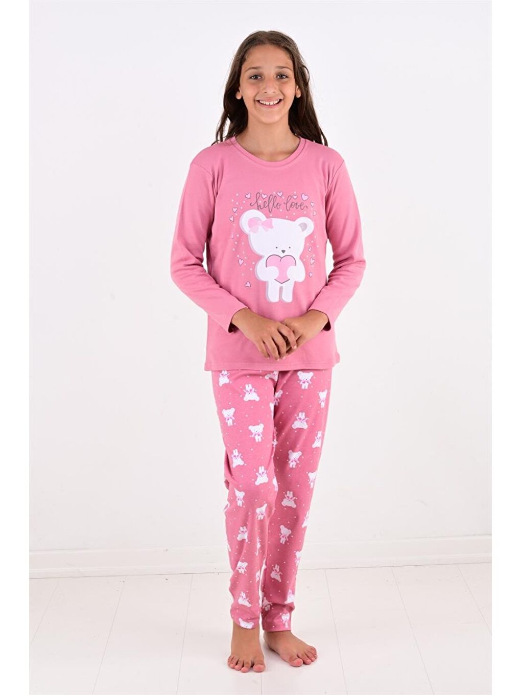 Mürdüm Kız Çocuk Uzun Kollu Fiyonklu Ayıcık Model Pijama Takımı-3