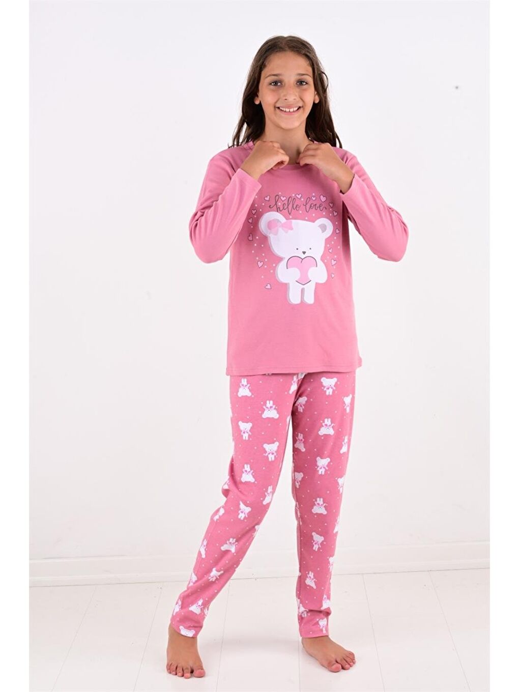 Mürdüm Kız Çocuk Uzun Kollu Fiyonklu Ayıcık Model Pijama Takımı-4