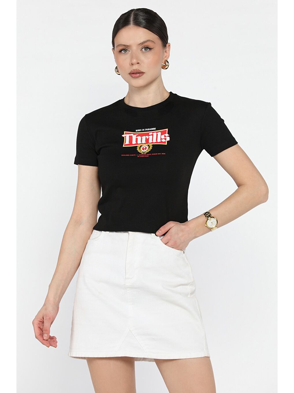 Siyah Bisiklet Yaka Baskılı Kadın Tişört-1