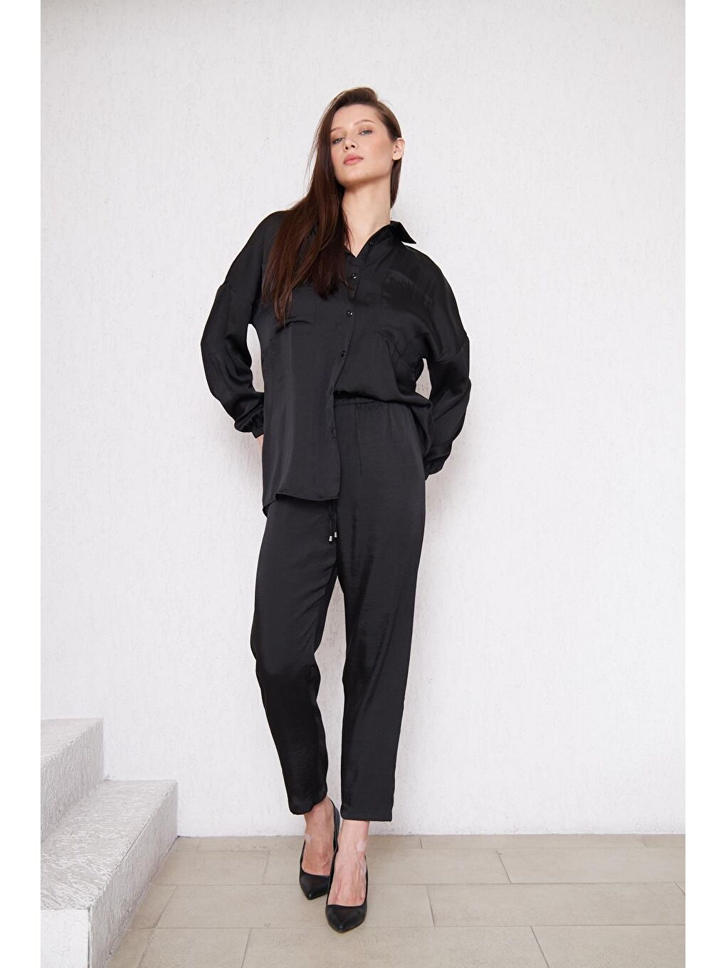 Kadın Oversize Gömlek Beli Lastikli Pantolon Siyah Ikili Takım-2