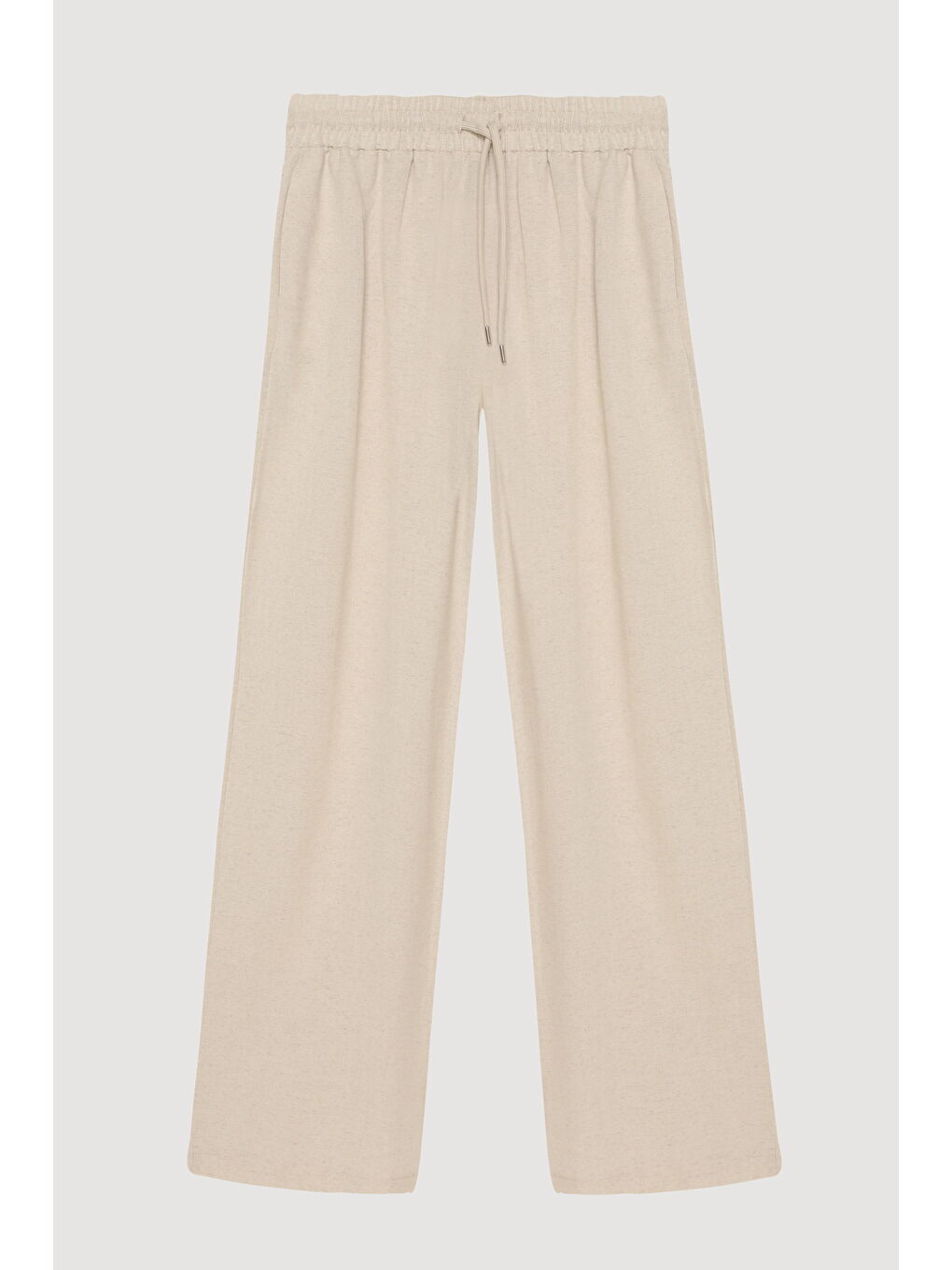 Bej Beli Lastikli Keten Pantolon Naturel