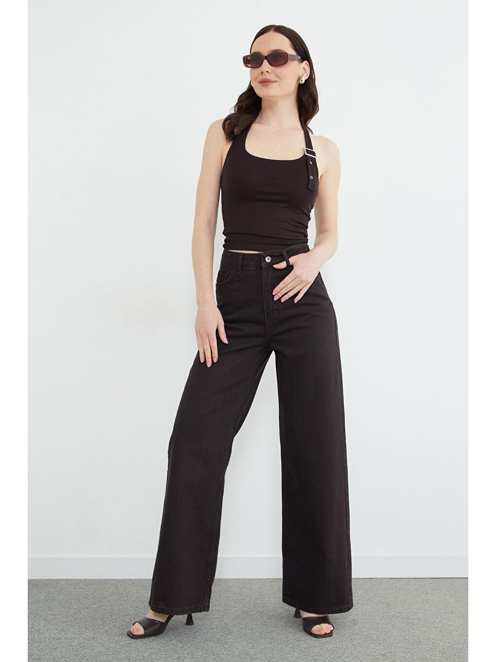 Kahverengi Yüksek Bel Fermuarlı Jean-2