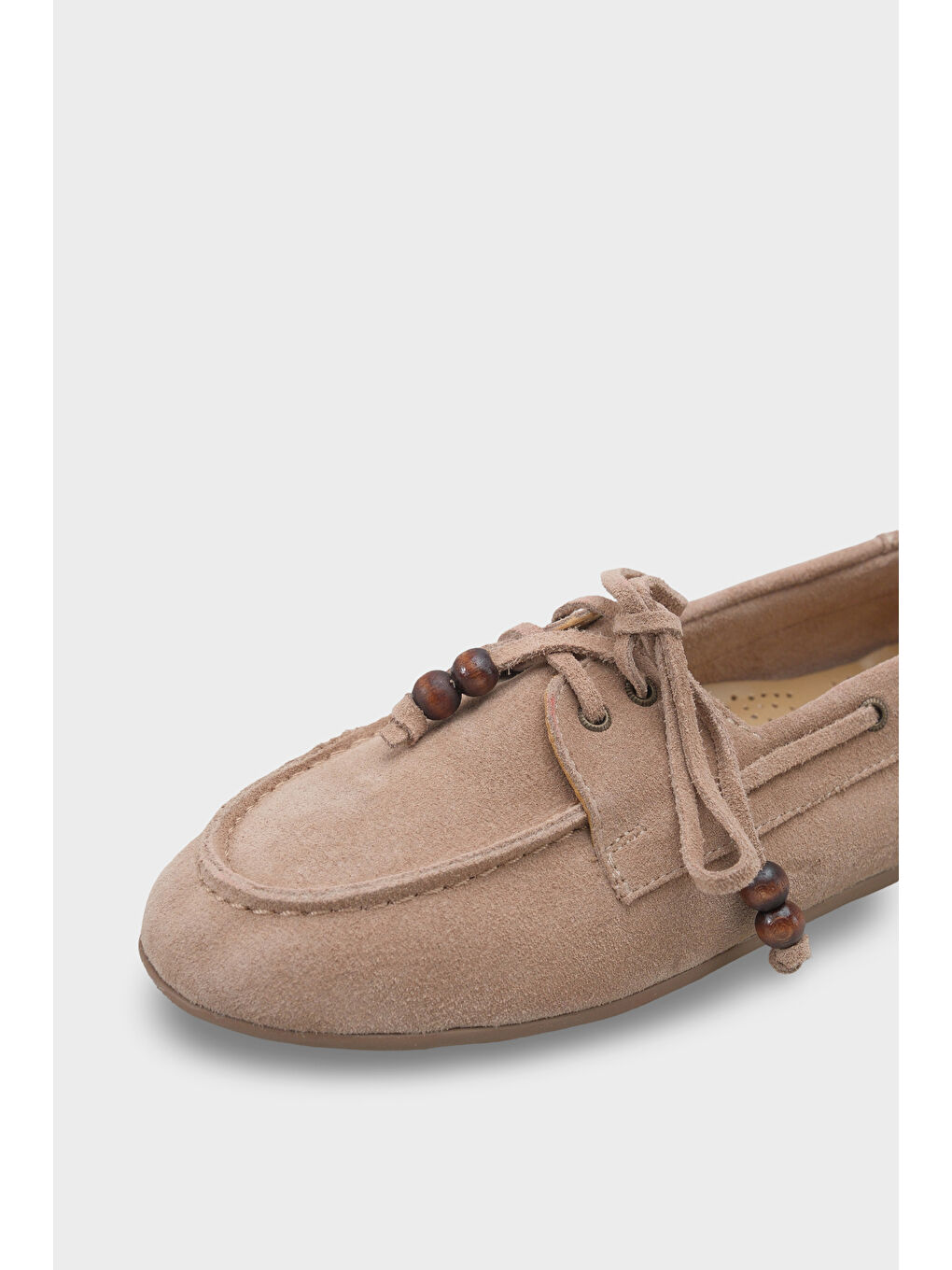 Bej Vicki Hakiki Deri Süet Bağcıklı Boncuklu Konfor Kadın Loafer Tekne Ayakkabısı-3