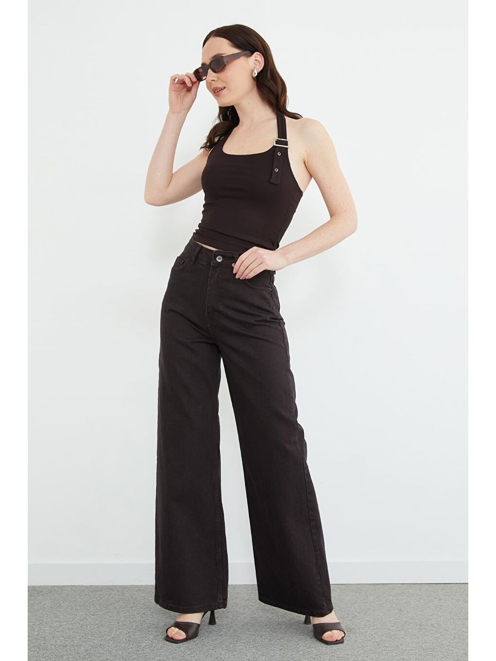 Kahverengi Yüksek Bel Fermuarlı Jean-3