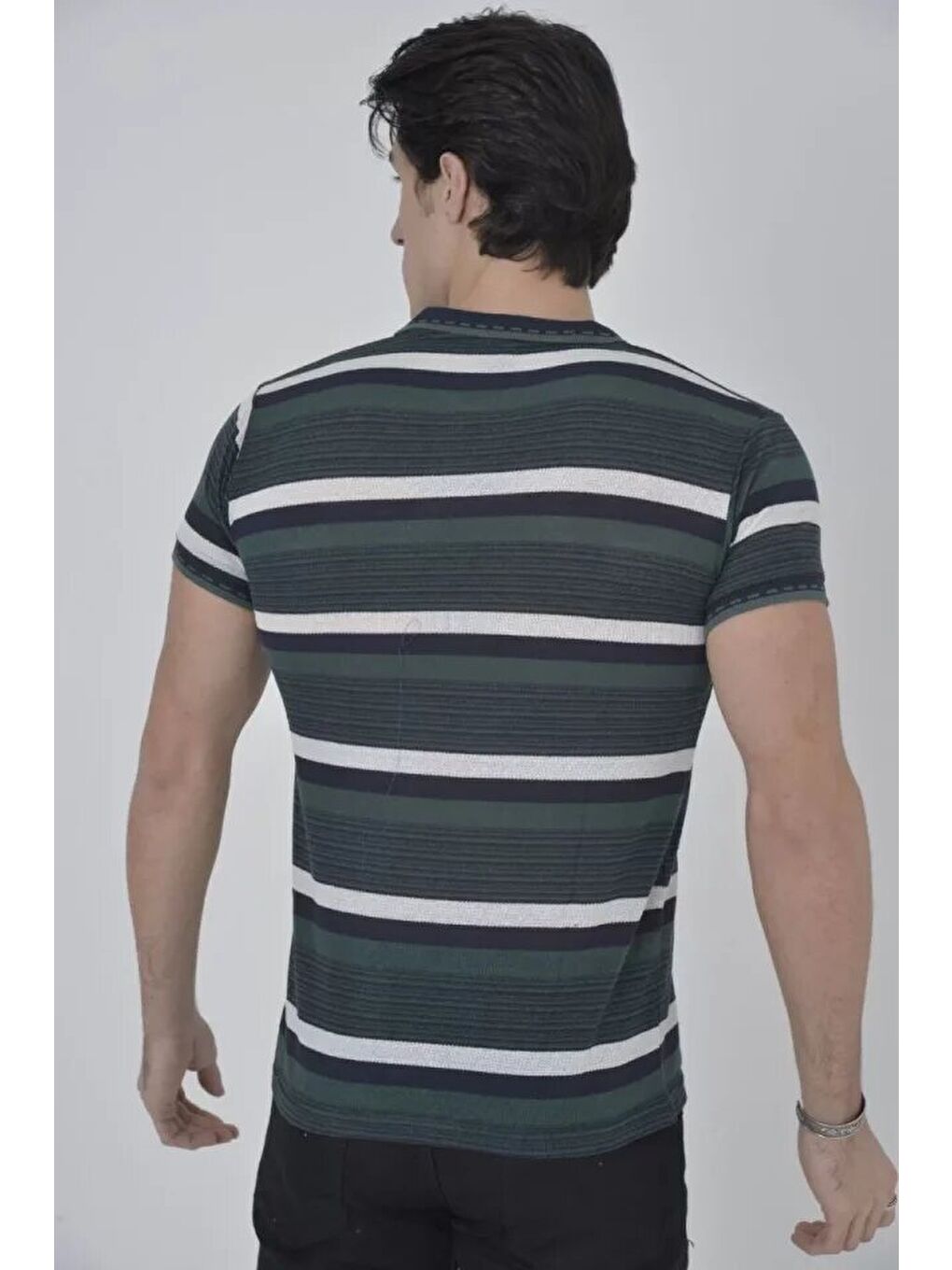 Erkek Yakalı Slim Fit Dokuma Çizgili T-Shirt - Haki-1