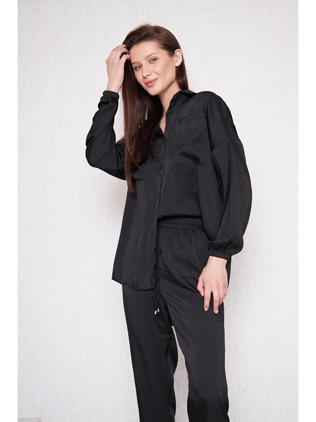 Kadın Oversize Gömlek Beli Lastikli Pantolon Siyah Ikili Takım-3