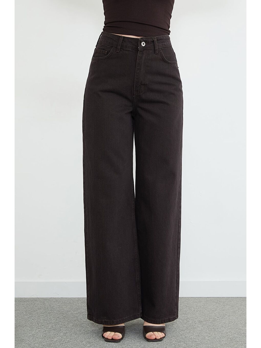 Kahverengi Yüksek Bel Fermuarlı Jean-4