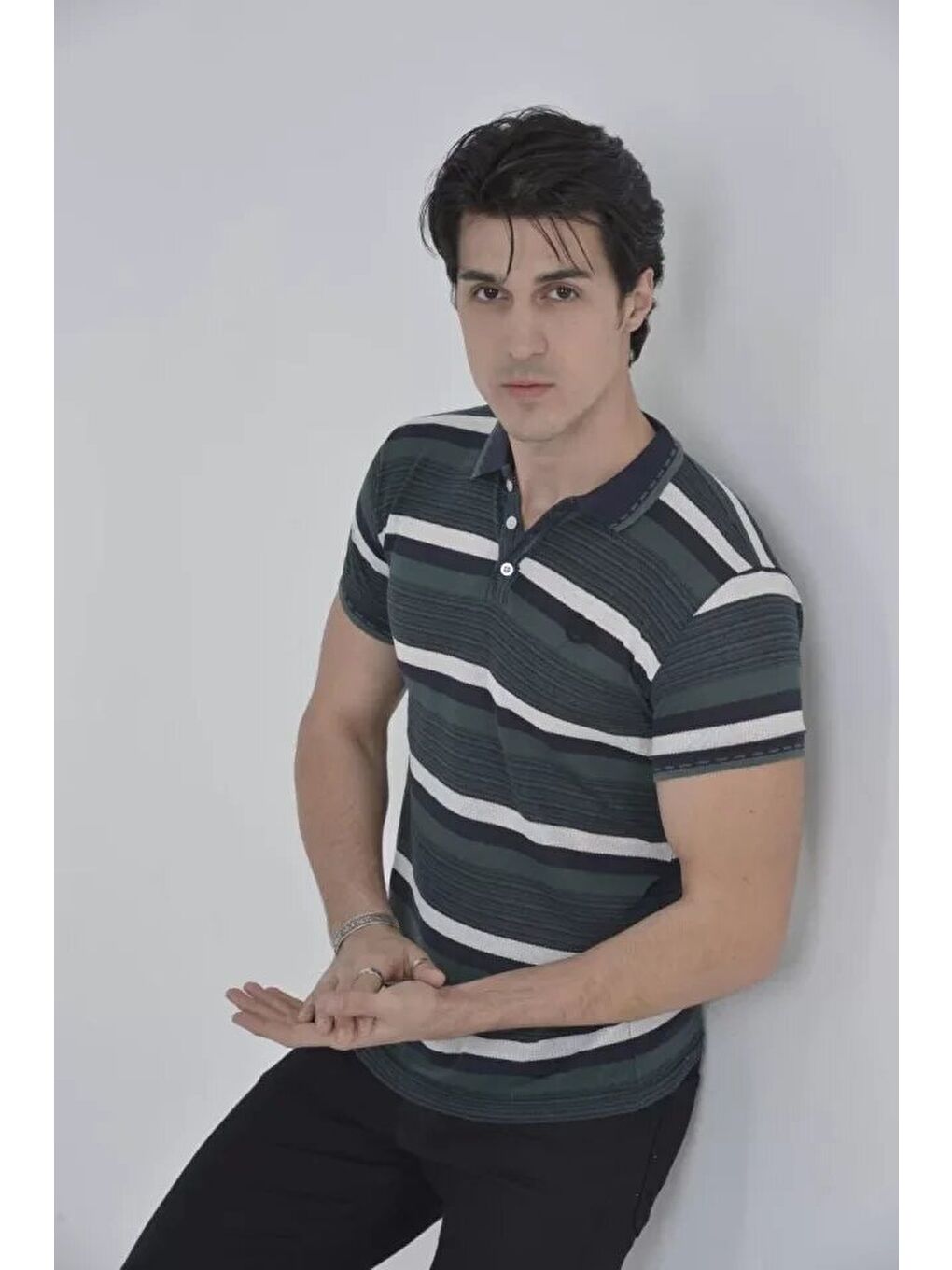 Erkek Yakalı Slim Fit Dokuma Çizgili T-Shirt - Haki-2