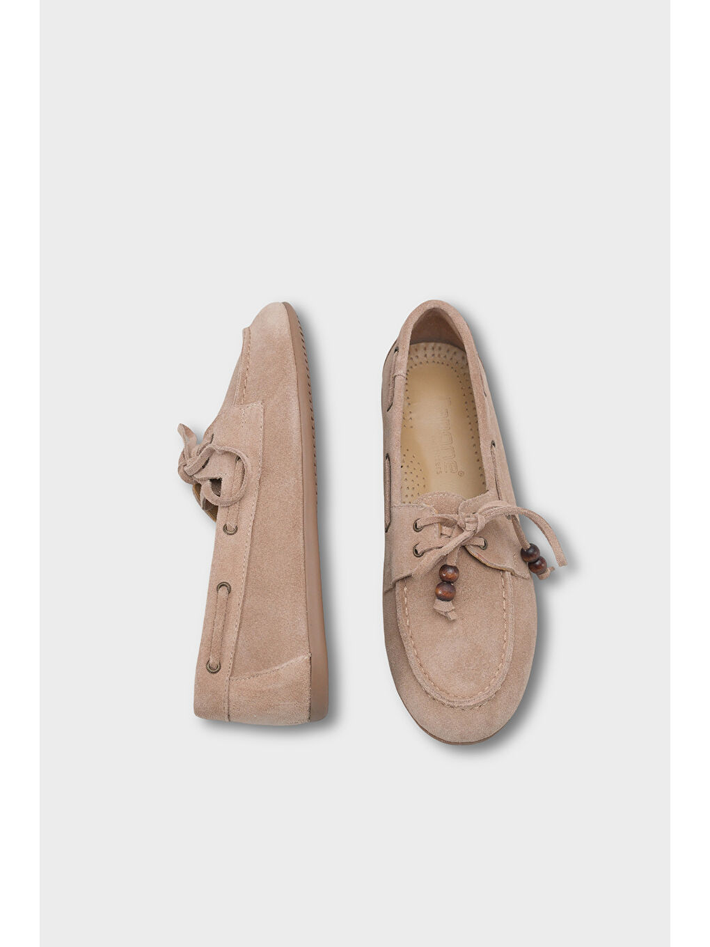 Bej Vicki Hakiki Deri Süet Bağcıklı Boncuklu Konfor Kadın Loafer Tekne Ayakkabısı-4