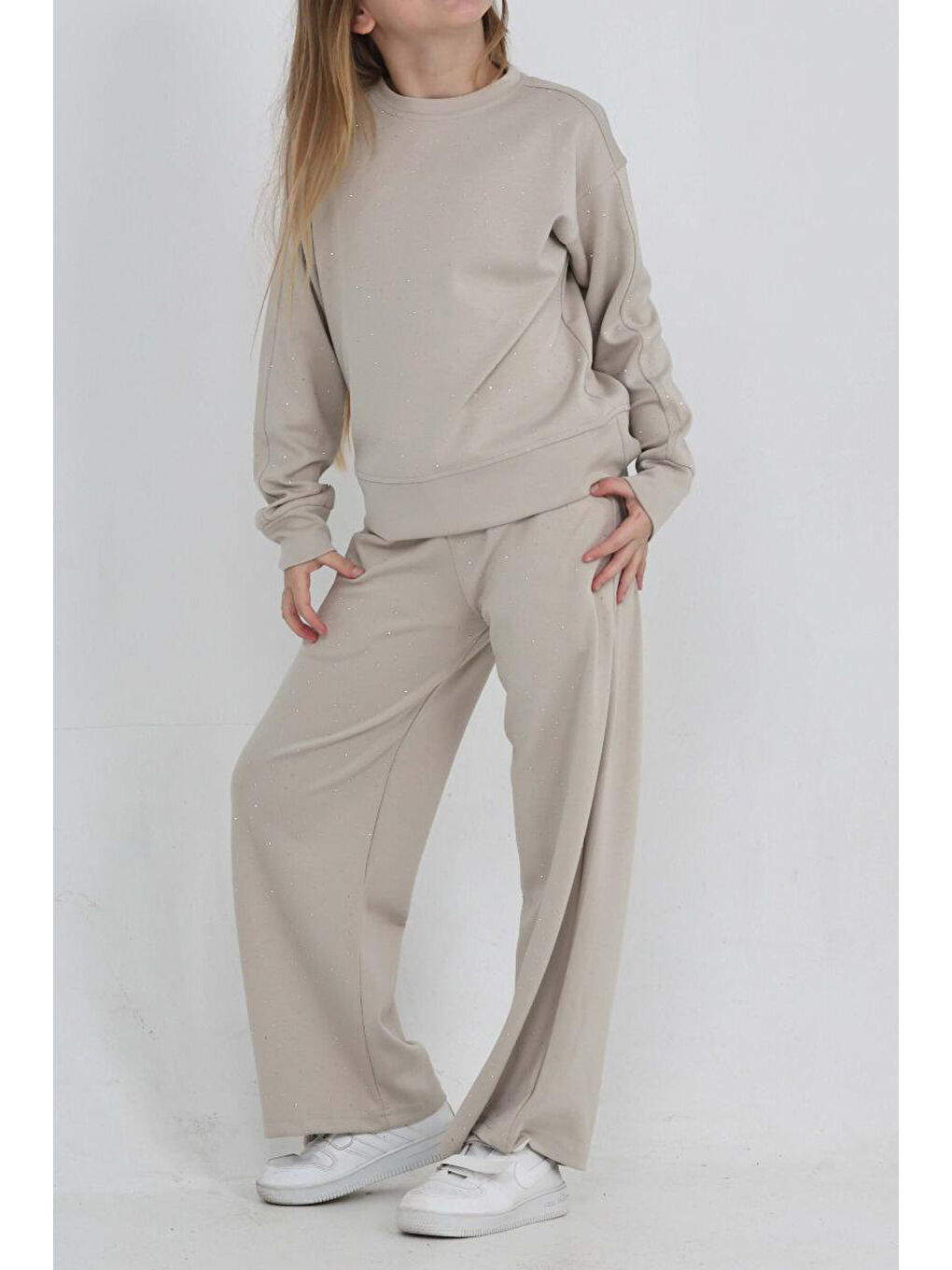 Ekru Kız Çocuk Geniş Paçalı Taş Süslemeli Double Face Kumaş Alt-Üst Takım 12305-1