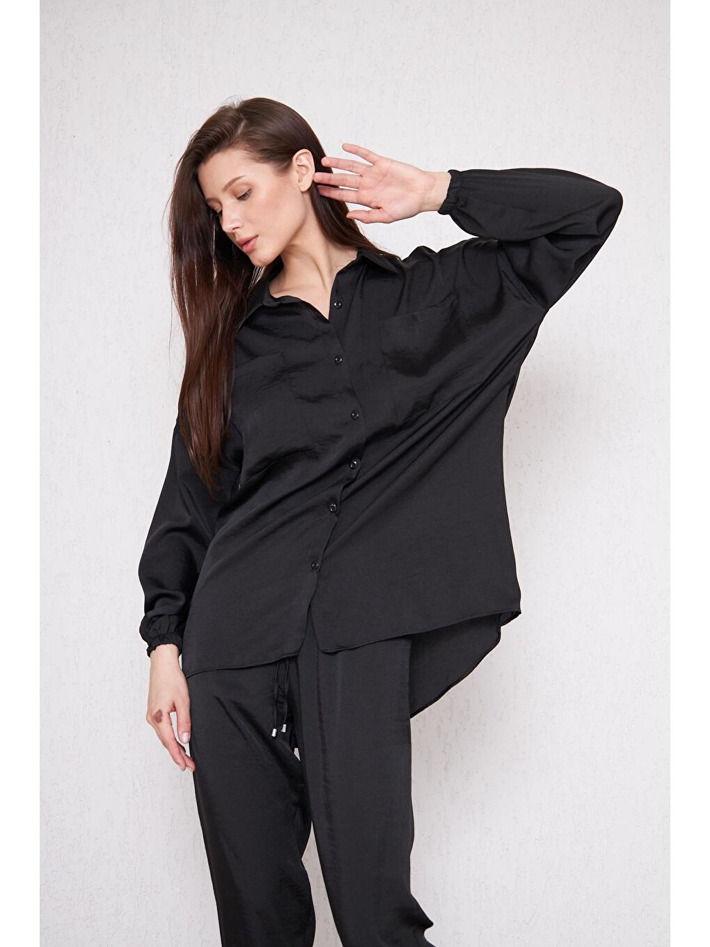 Kadın Oversize Gömlek Beli Lastikli Pantolon Siyah Ikili Takım-4