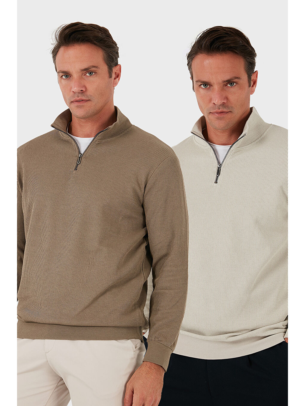 Bej Pamuklu Regular Fit Yarım Fermuarlı Dik Yaka 2'li Paket Sweat 5905716S2