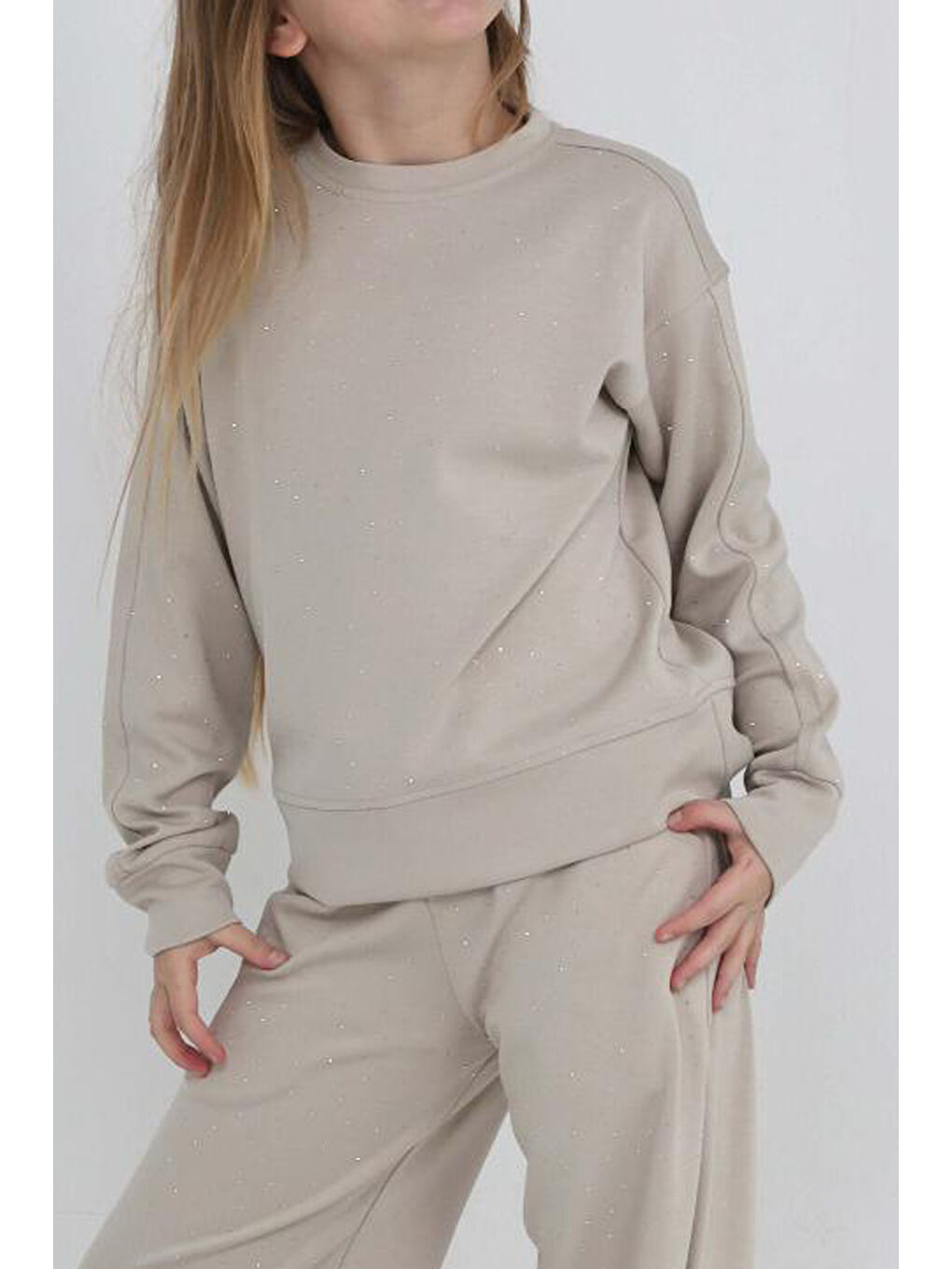 Ekru Kız Çocuk Geniş Paçalı Taş Süslemeli Double Face Kumaş Alt-Üst Takım 12305-2