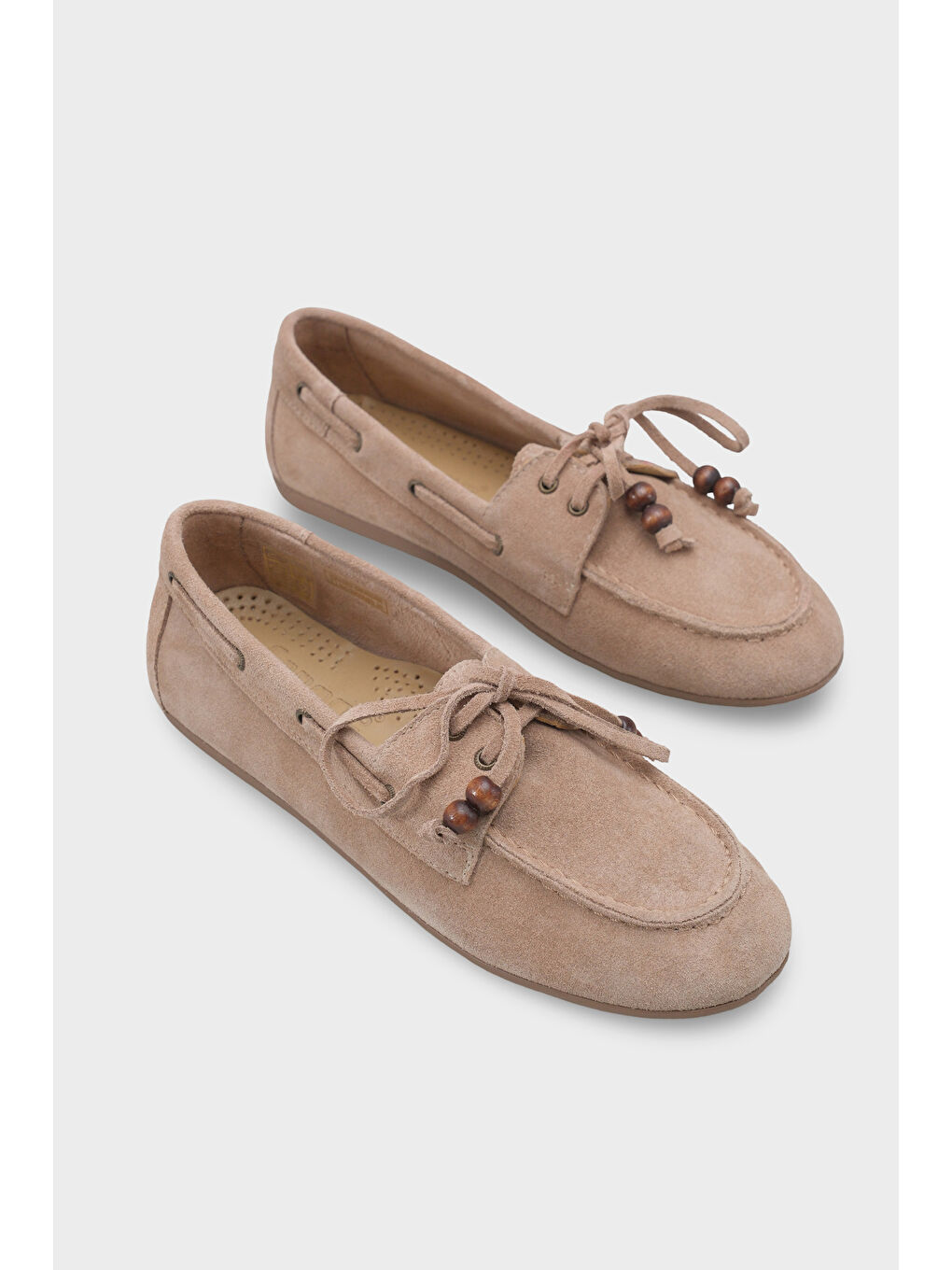 Bej Vicki Hakiki Deri Süet Bağcıklı Boncuklu Konfor Kadın Loafer Tekne Ayakkabısı-5