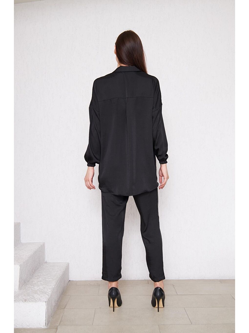 Kadın Oversize Gömlek Beli Lastikli Pantolon Siyah Ikili Takım-5
