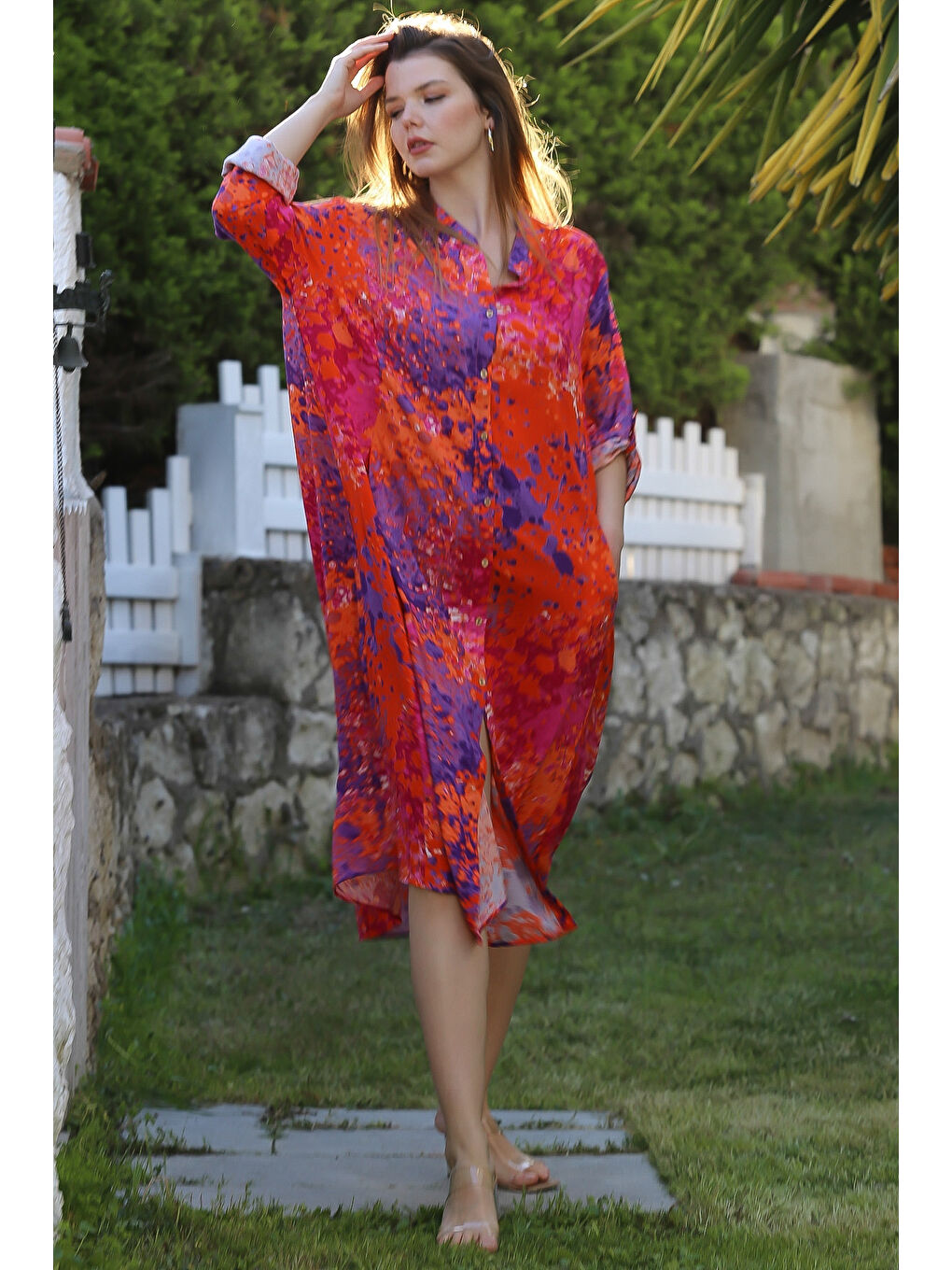 Turuncu-Mor Hakim Yaka Düğmeli Uzun Kollu Gizli Cepli Casual Viskon Dokuma Elbise 125 65-4