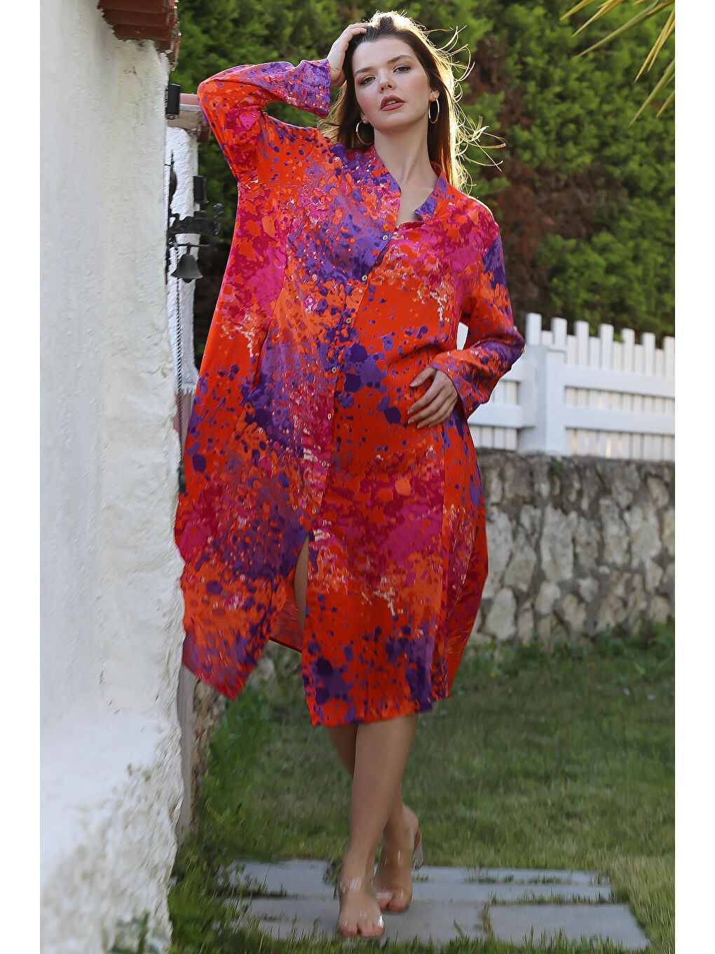 Turuncu-Mor Hakim Yaka Düğmeli Uzun Kollu Gizli Cepli Casual Viskon Dokuma Elbise 125 65-6