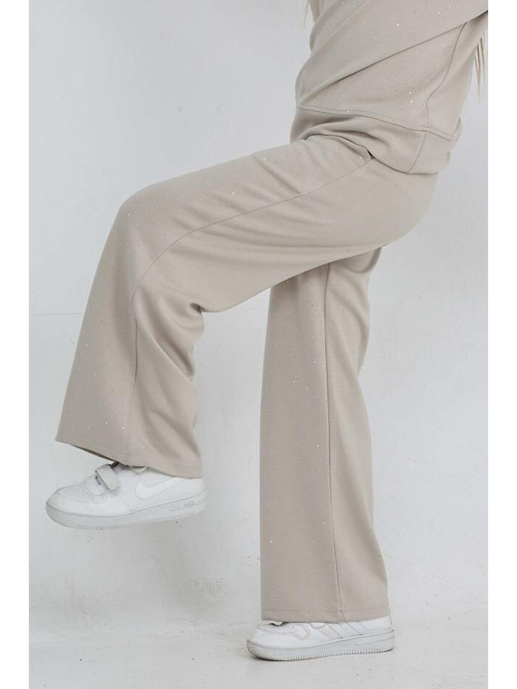 Ekru Kız Çocuk Geniş Paçalı Taş Süslemeli Double Face Kumaş Alt-Üst Takım 12305-3