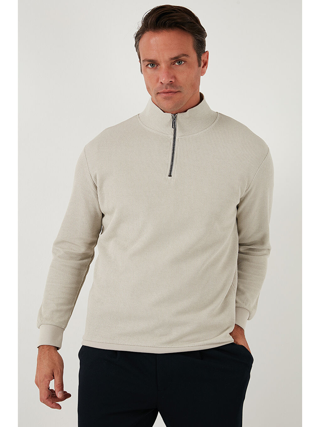 Bej Pamuklu Regular Fit Yarım Fermuarlı Dik Yaka 2'li Paket Sweat 5905716S2-2