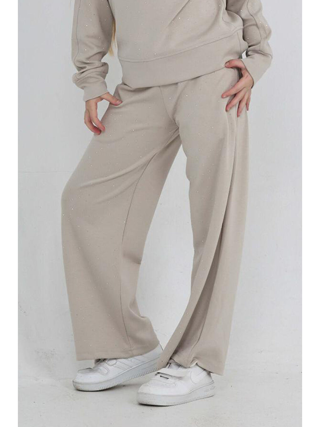 Ekru Kız Çocuk Geniş Paçalı Taş Süslemeli Double Face Kumaş Alt-Üst Takım 12305-4