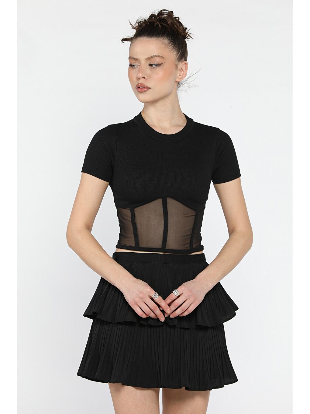 Siyah Kadın Bisiklet Yaka Tüllü Kaşkorse Bluz