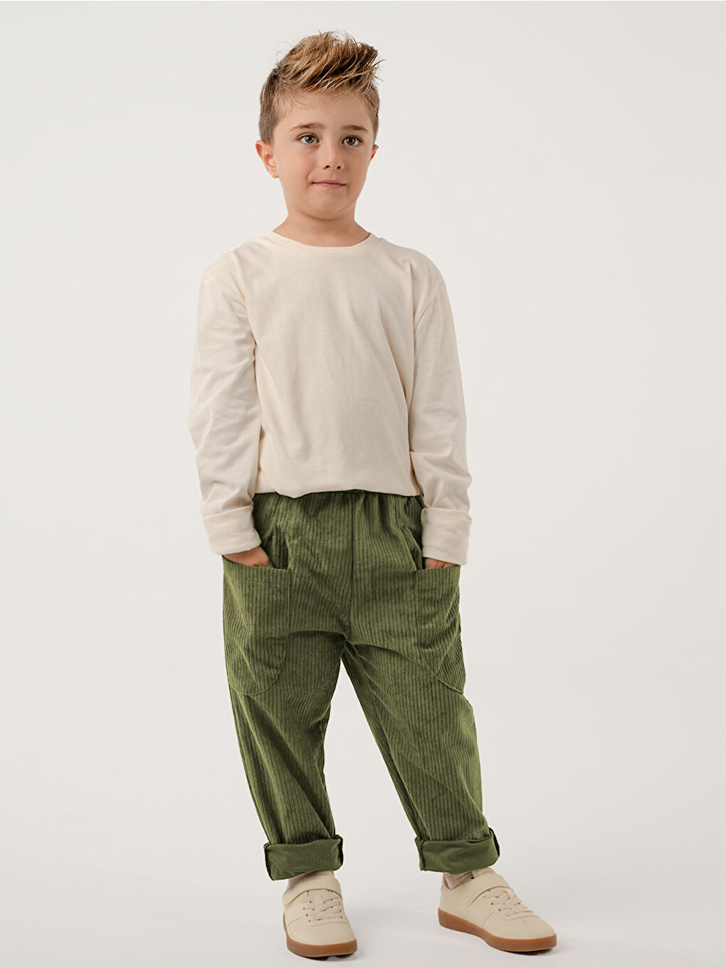 2'li Paket Yumuşak Kadife Boyfriend Pantolon ( Haki&Krem )-1