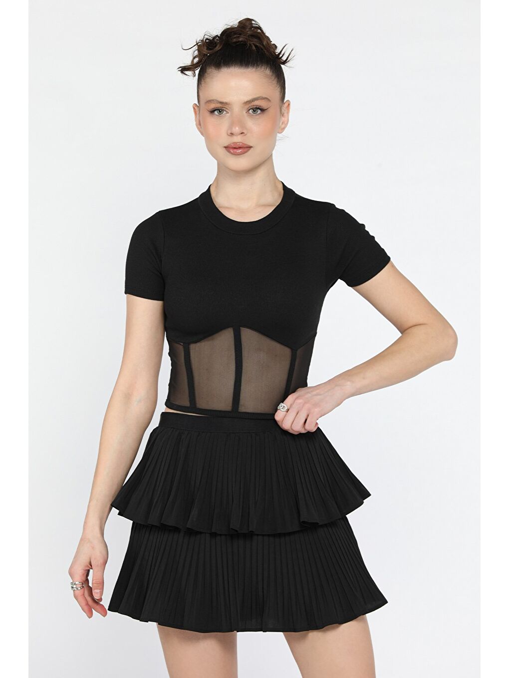 Siyah Kadın Bisiklet Yaka Tüllü Kaşkorse Bluz-1