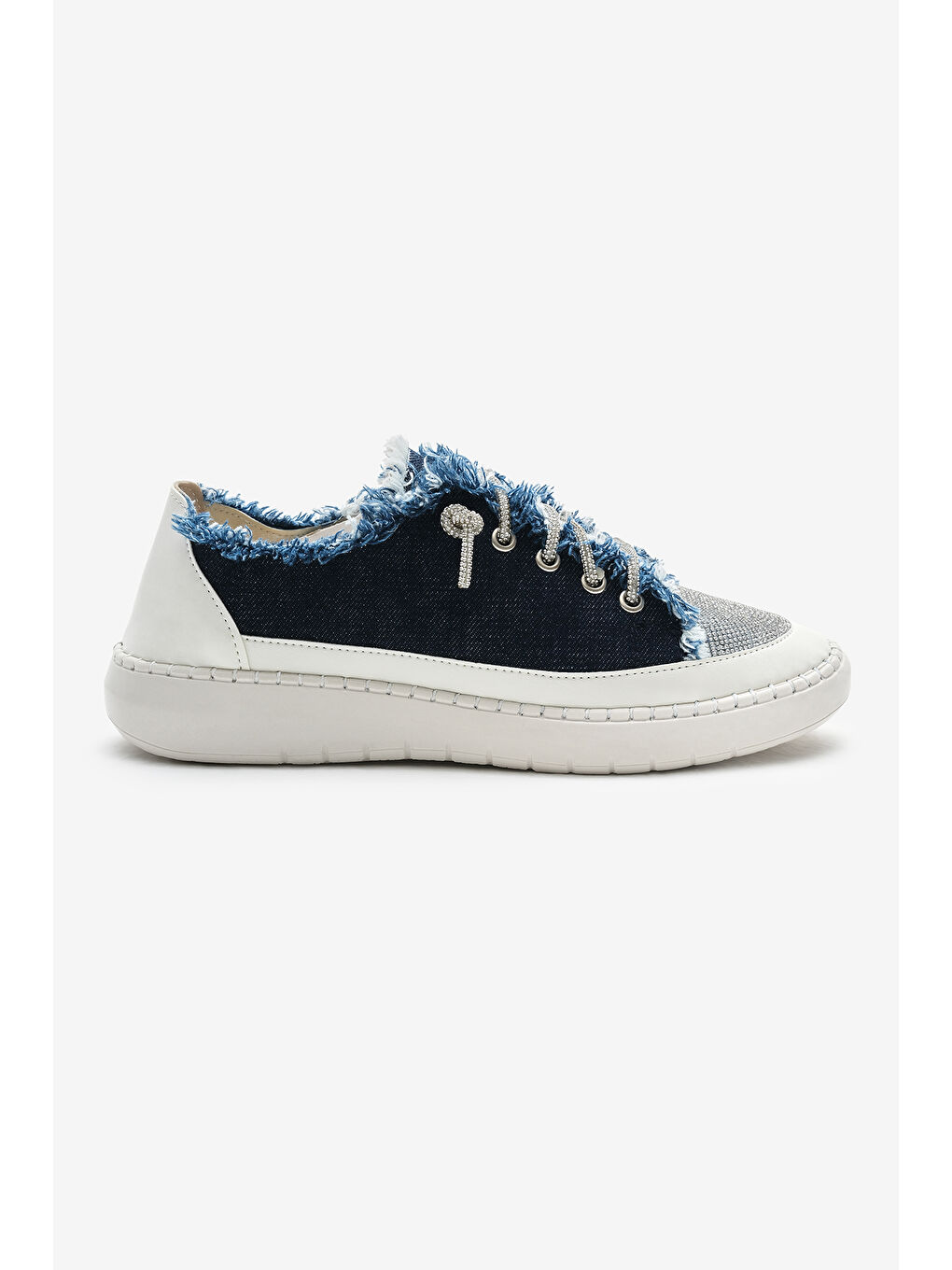 Kadın Lacivert Poli Taban Denim Kumaş Taşlı Bağcıklı Spor Ayakkabı-1