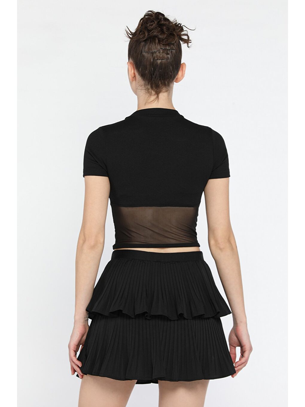 Siyah Kadın Bisiklet Yaka Tüllü Kaşkorse Bluz-2