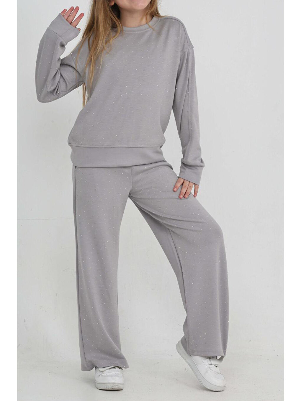 Gri Kız Çocuk Geniş Paçalı Taş Süslemeli Double Face Kumaş Alt-Üst Takım 12305-1