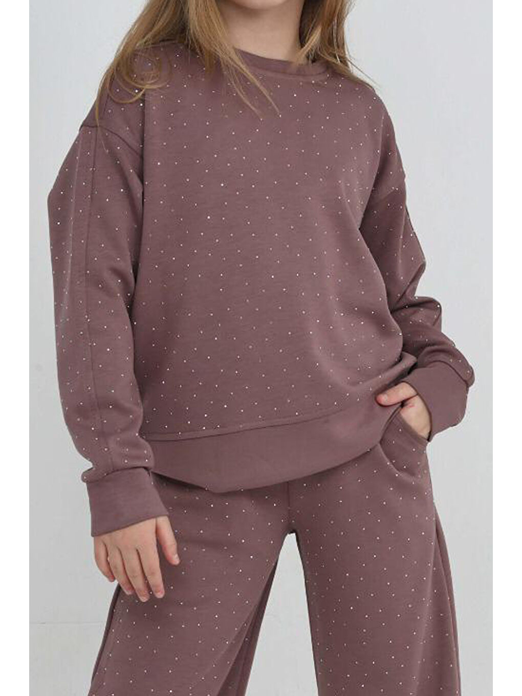 Kahverengi Kız Çocuk Geniş Paçalı Taş Süslemeli Double Face Kumaş Alt-Üst Takım 12305-1