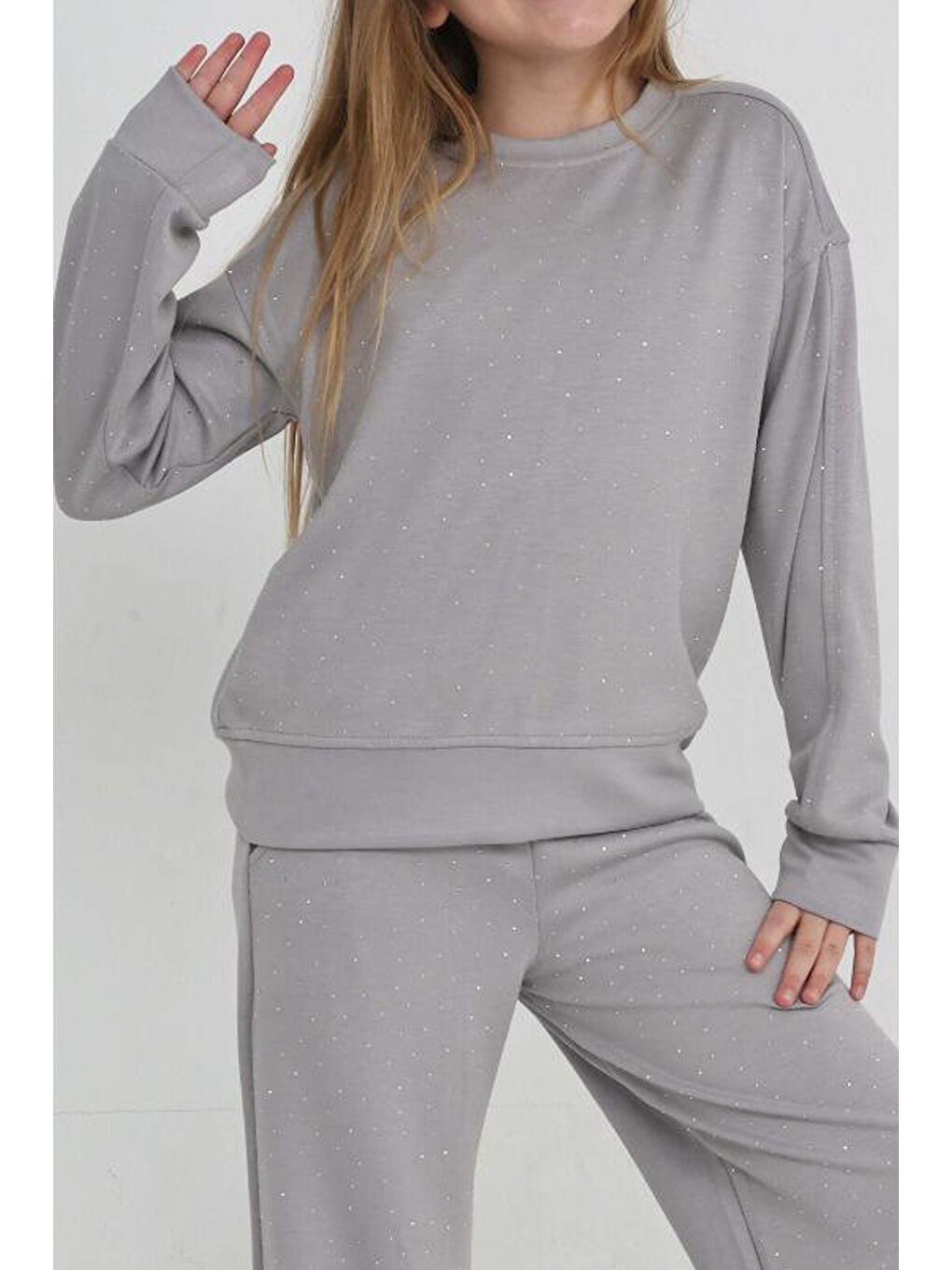 Gri Kız Çocuk Geniş Paçalı Taş Süslemeli Double Face Kumaş Alt-Üst Takım 12305-2