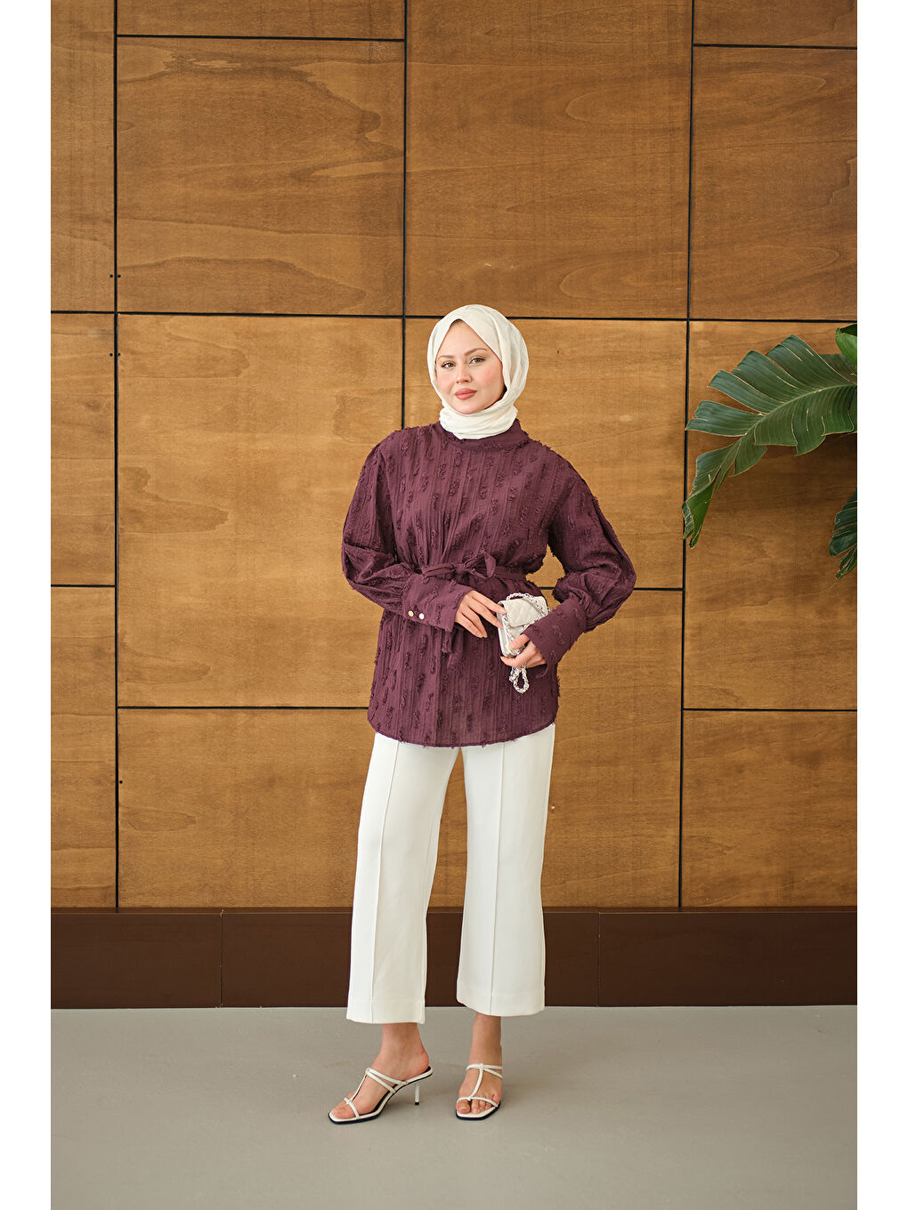 Kadın Kendinden Desenli Bel Bağlamalı Tunik Mürdüm-1