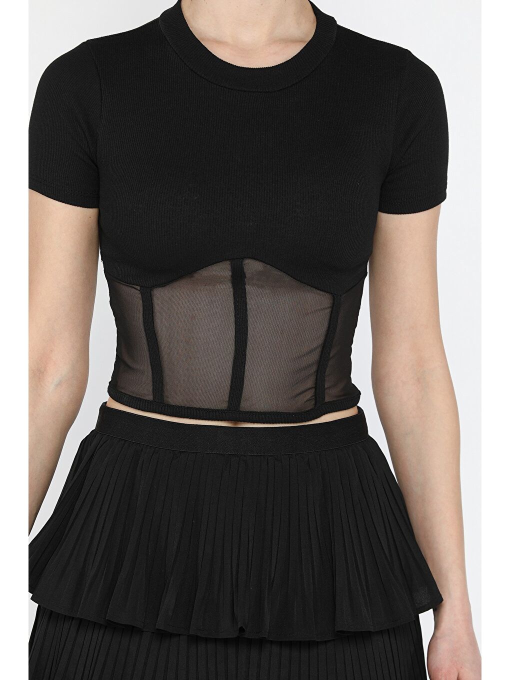 Siyah Kadın Bisiklet Yaka Tüllü Kaşkorse Bluz-3