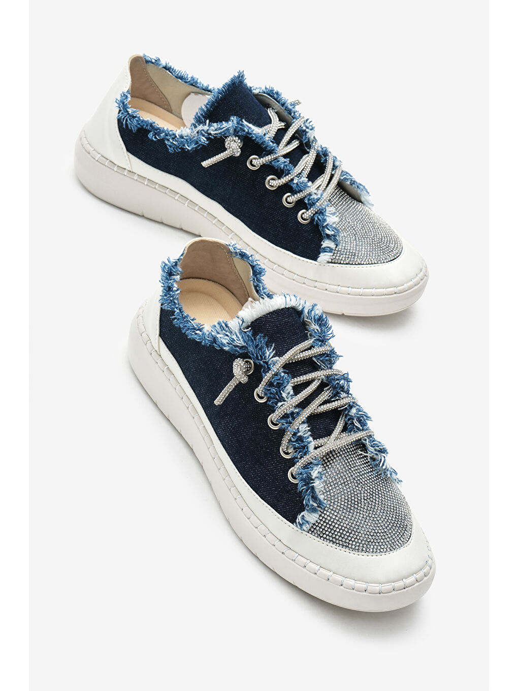 Kadın Lacivert Poli Taban Denim Kumaş Taşlı Bağcıklı Spor Ayakkabı-2