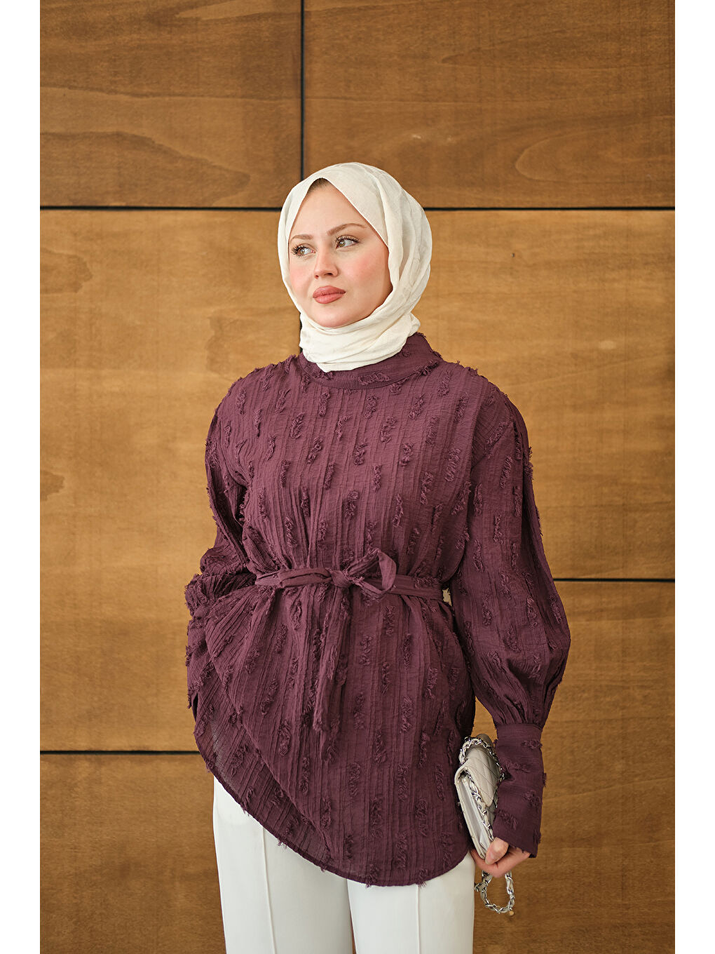 Kadın Kendinden Desenli Bel Bağlamalı Tunik Mürdüm-2