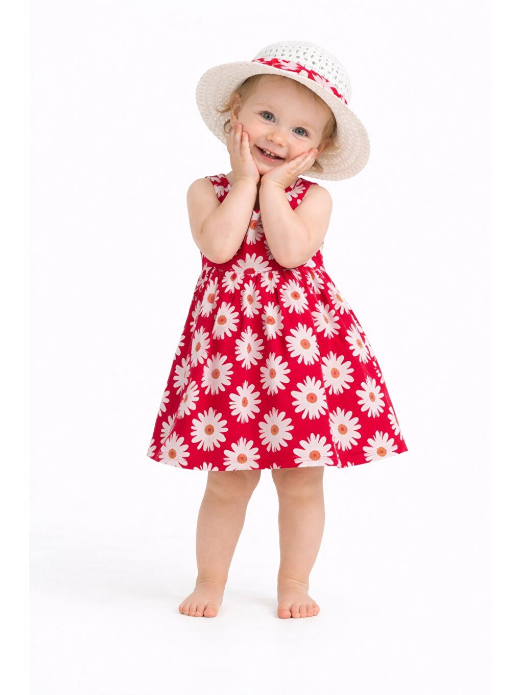 Kırmızı Tatlı Kız Bebek Papatya Desenli Tarz Elbise Şapkalı Yazlık Kombin-1