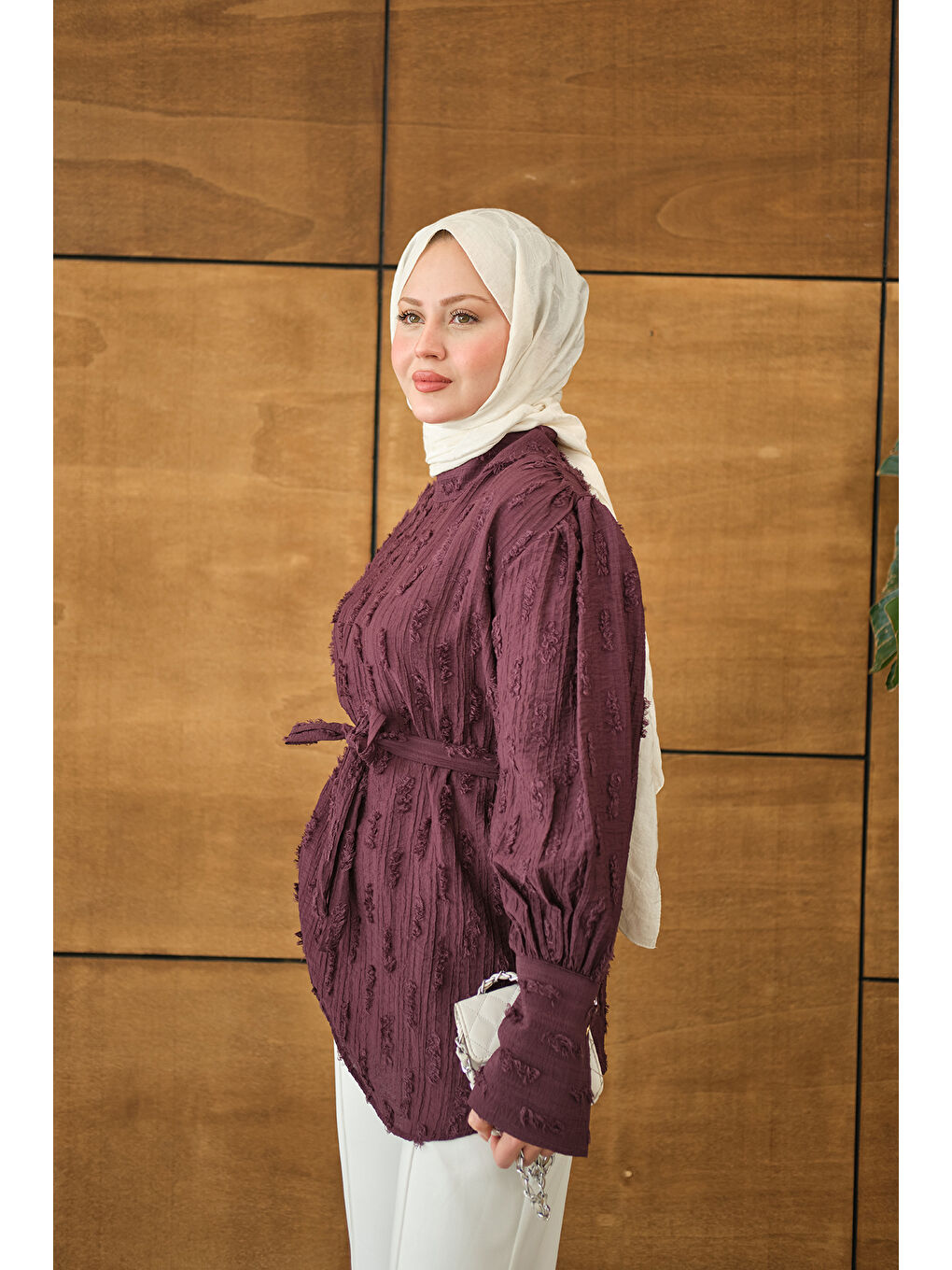 Kadın Kendinden Desenli Bel Bağlamalı Tunik Mürdüm-3