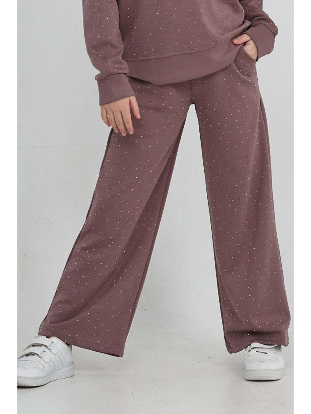 Kahverengi Kız Çocuk Geniş Paçalı Taş Süslemeli Double Face Kumaş Alt-Üst Takım 12305-2