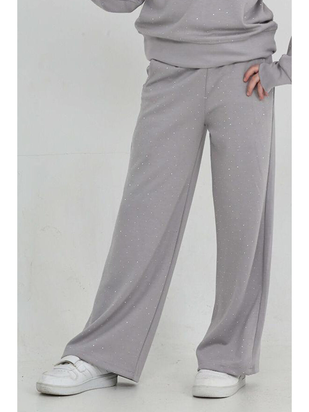 Gri Kız Çocuk Geniş Paçalı Taş Süslemeli Double Face Kumaş Alt-Üst Takım 12305-3