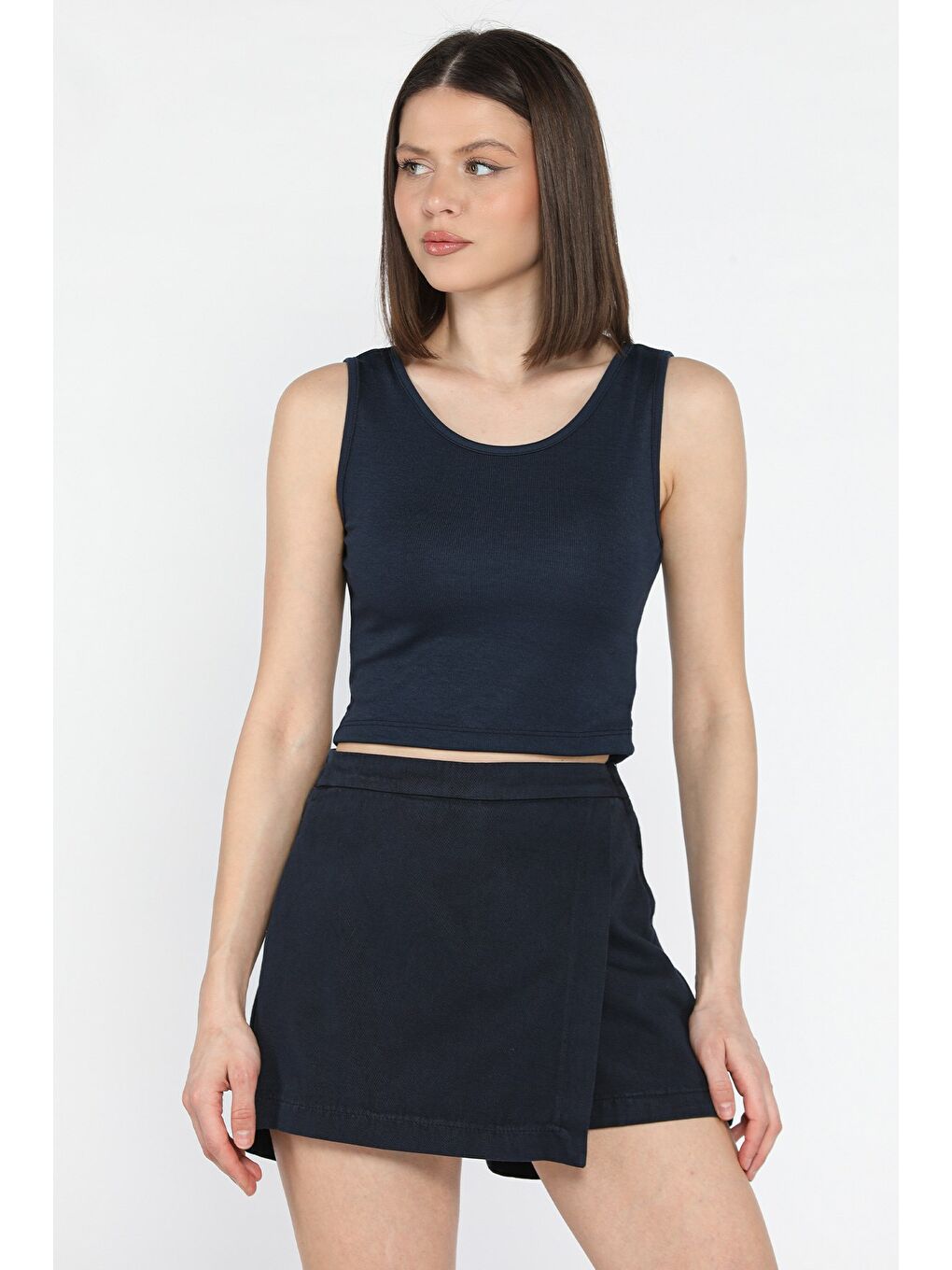 Lacivert Kadın Kalın Askılı Kaşkorse Crop Top Bluz