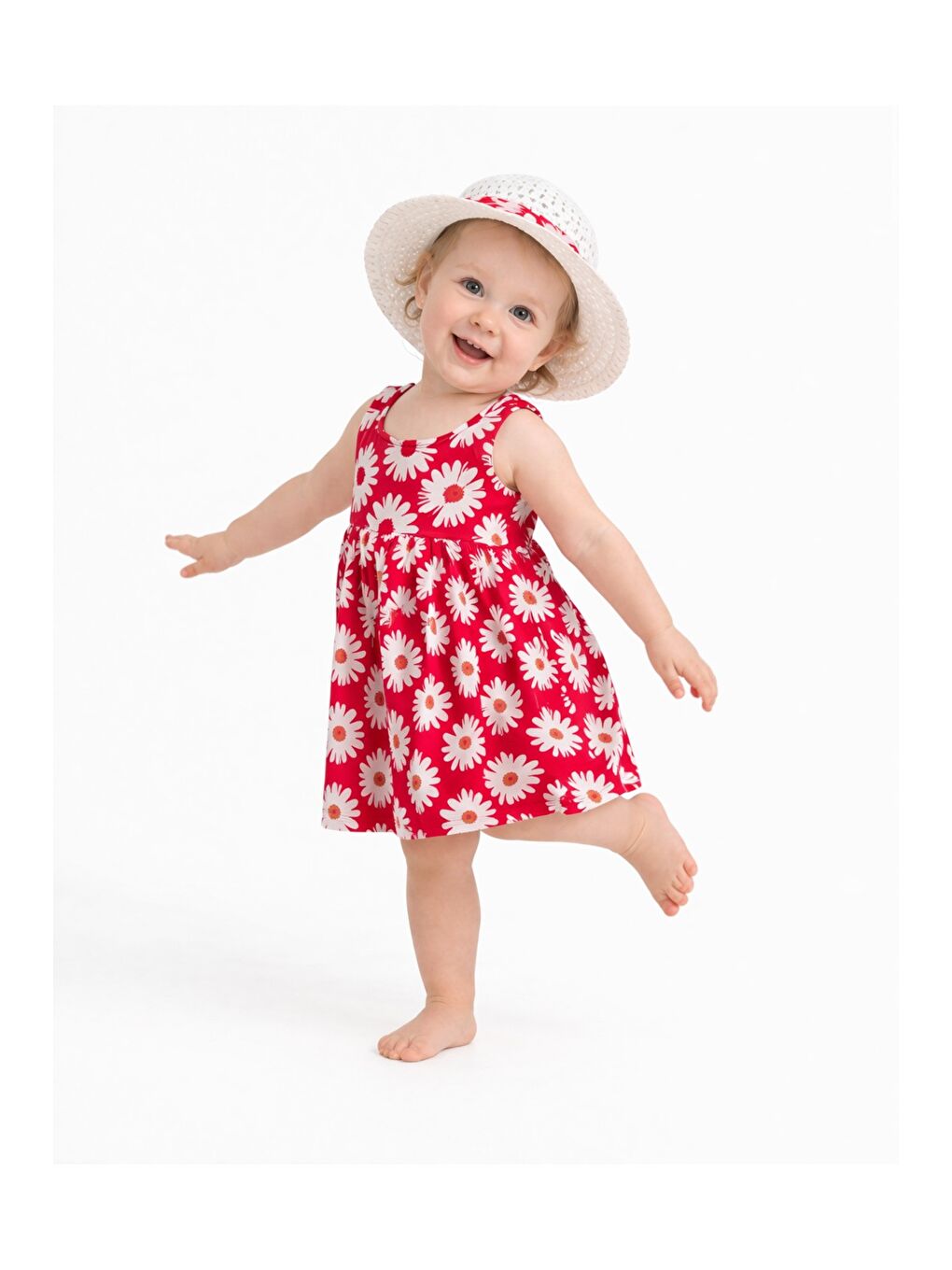 Kırmızı Tatlı Kız Bebek Papatya Desenli Tarz Elbise Şapkalı Yazlık Kombin-2