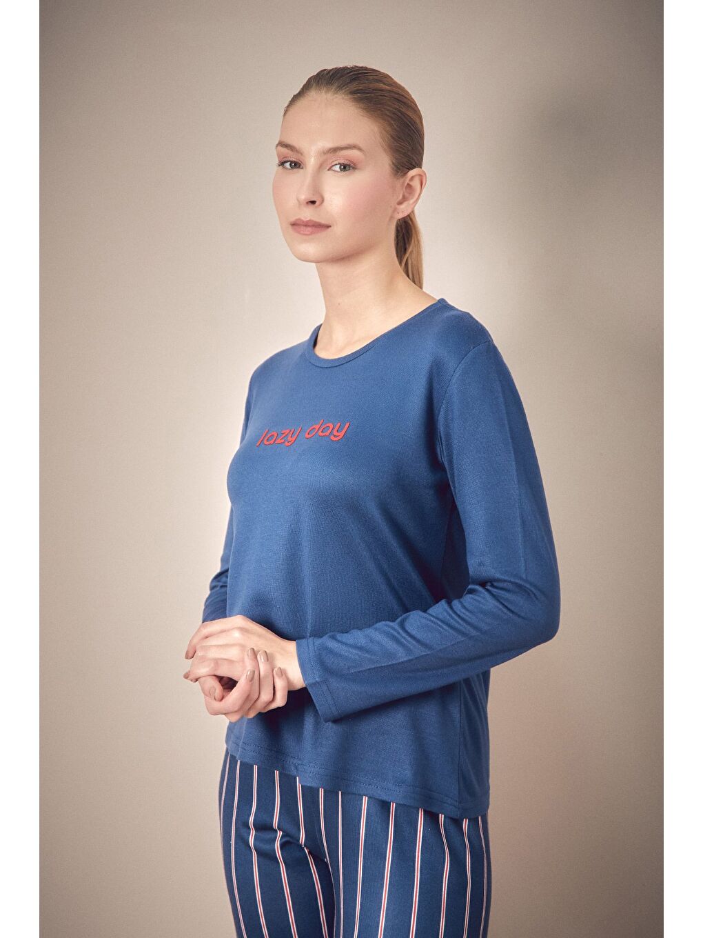 Lacivert Yazı Baskılı Bisiklet Yaka 2'li Pijama Takımı-1