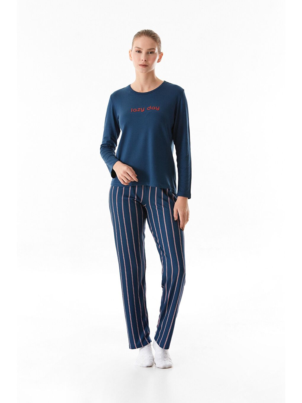 Lacivert Yazı Baskılı Bisiklet Yaka 2'li Pijama Takımı-2