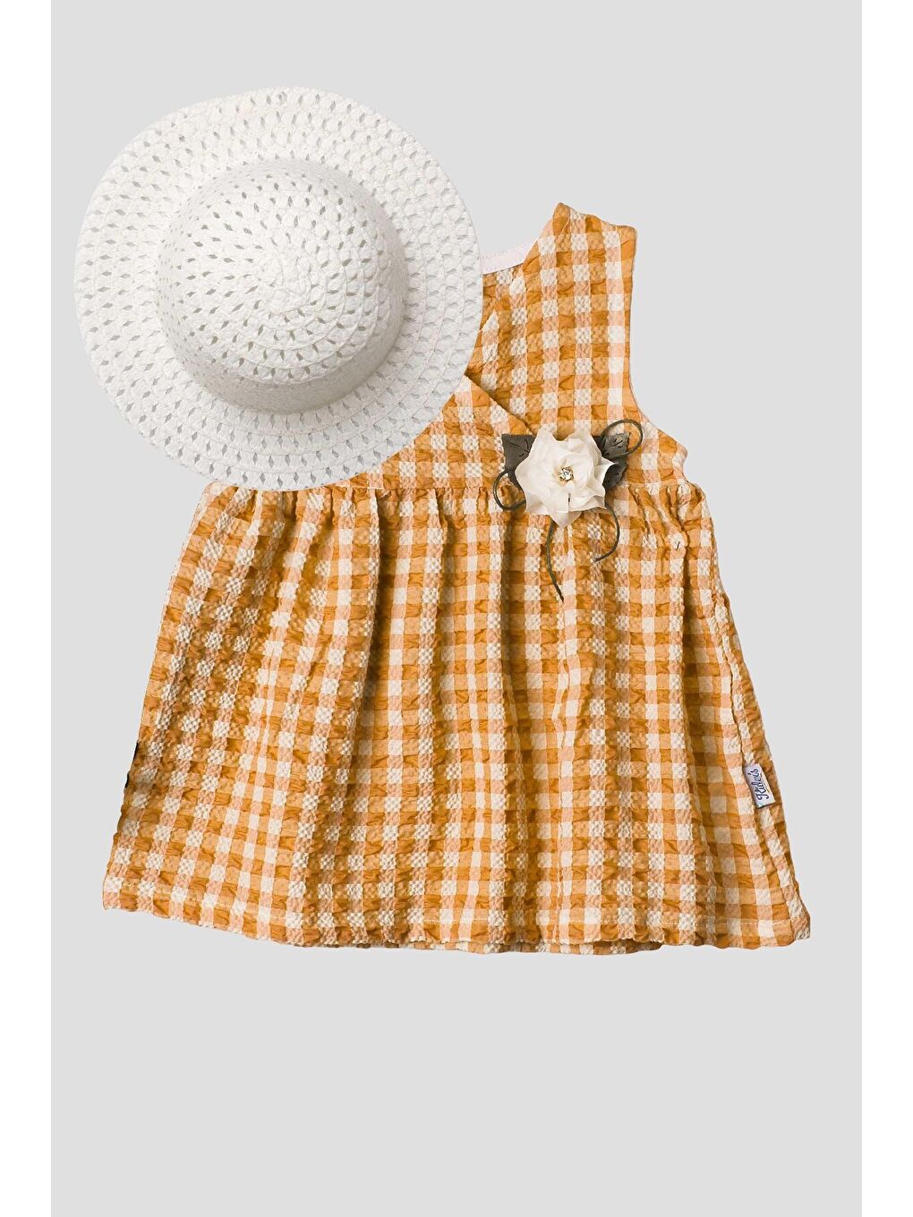 Sarı Pötikare Desenli Gül Detaylı Esnek Kız Bebek Elbisesi