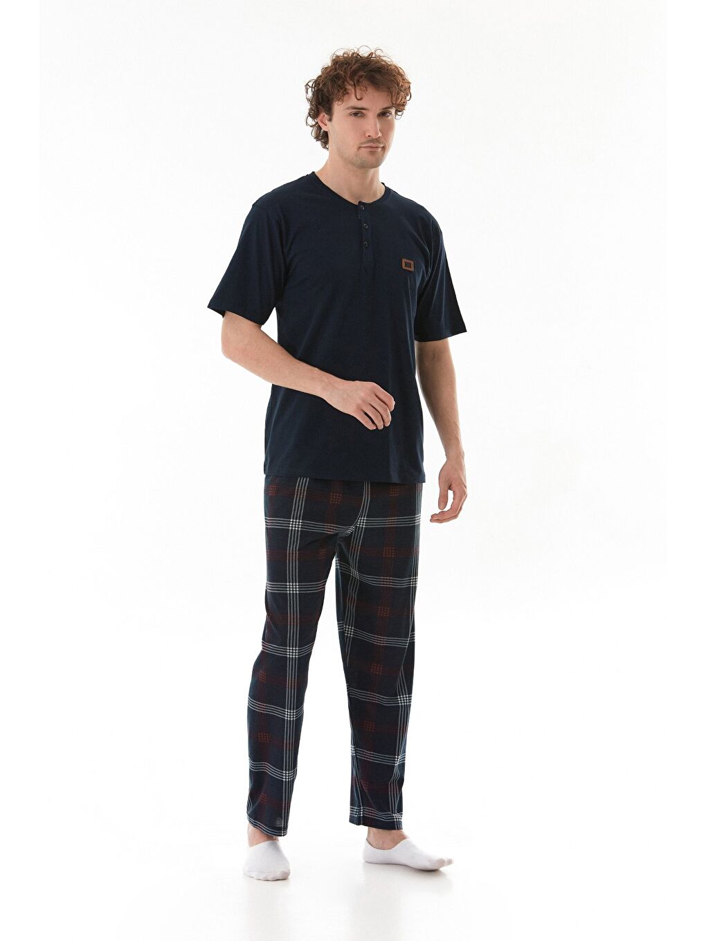 Lacivert Ekose Desenli %100 Pamuk Pijama Takımı