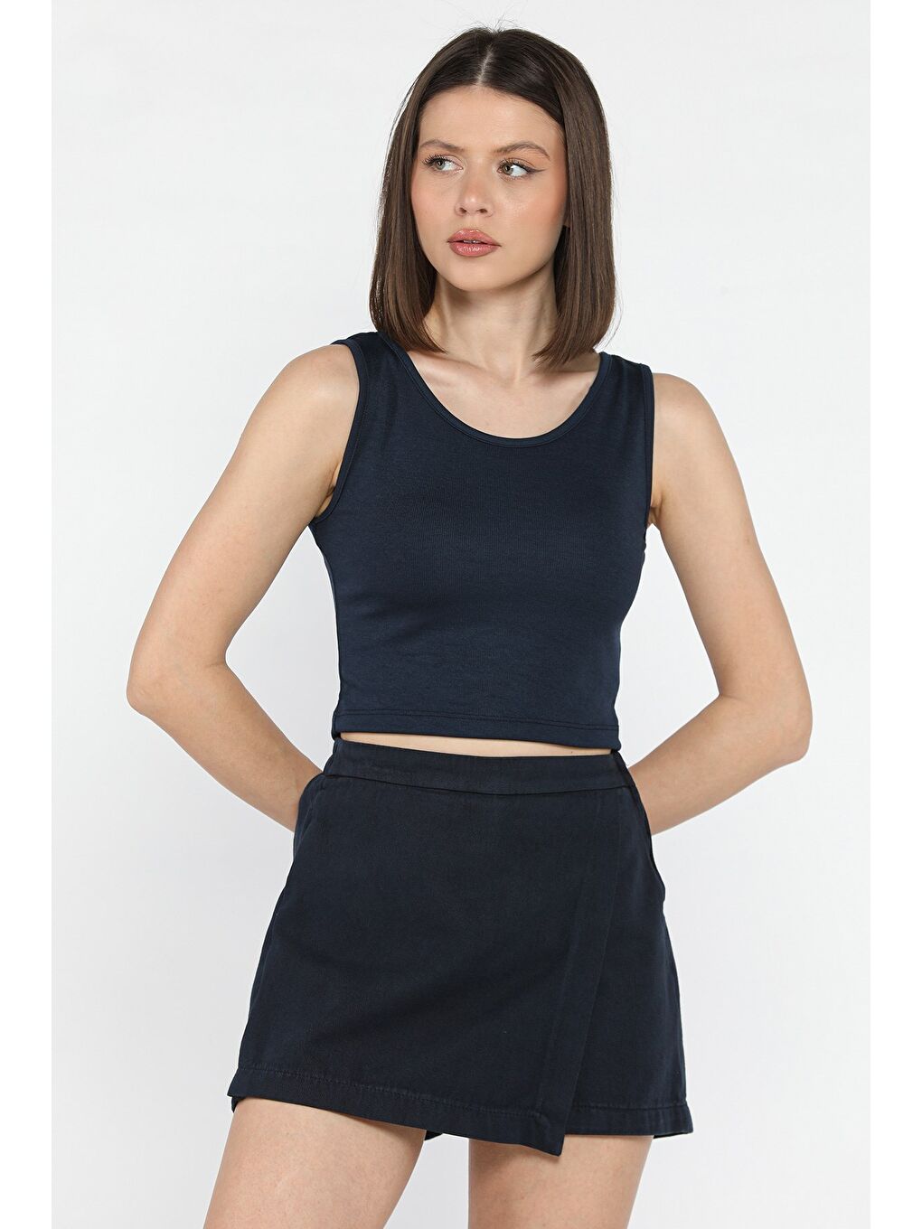 Lacivert Kadın Kalın Askılı Kaşkorse Crop Top Bluz-1