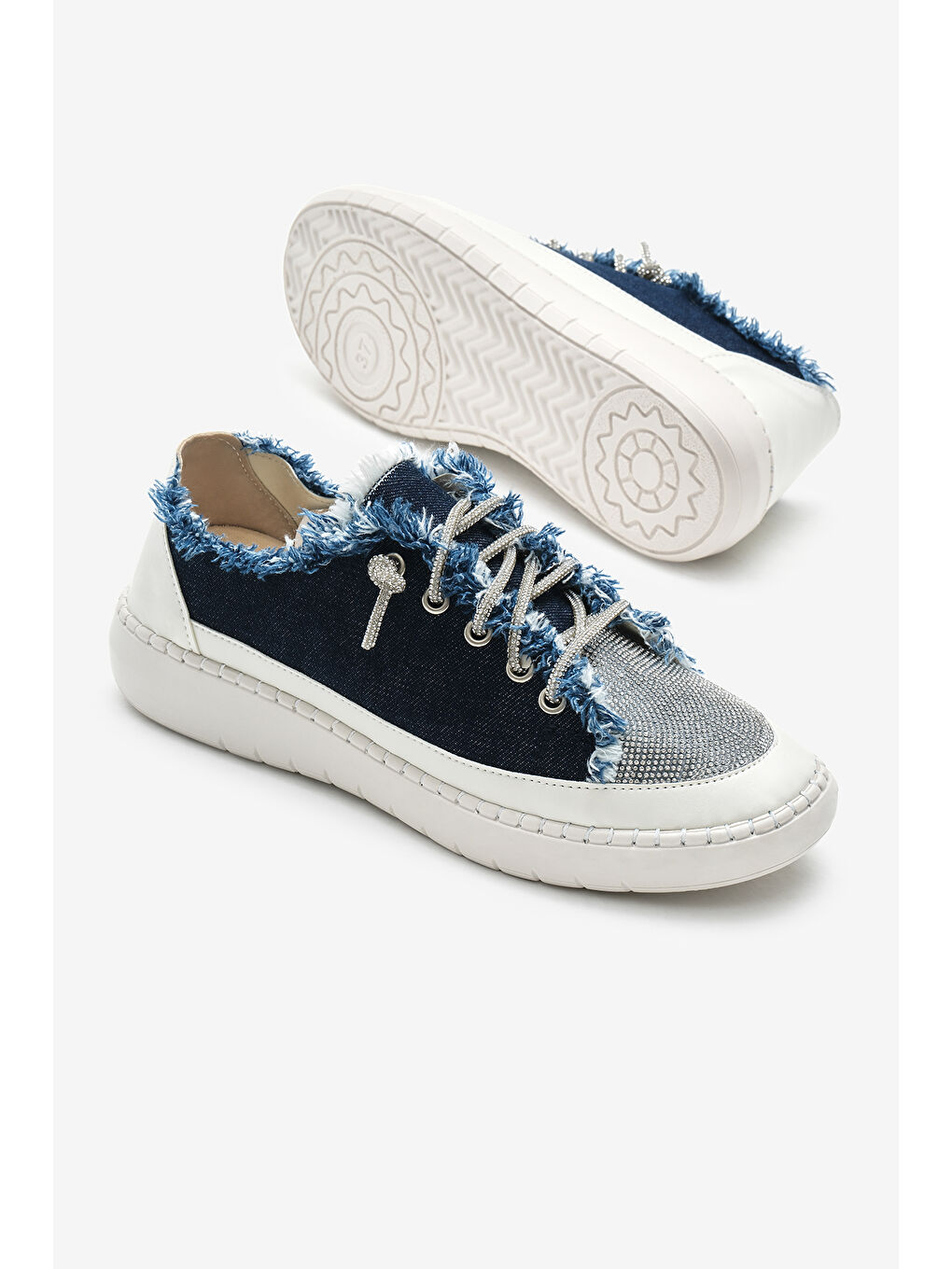 Kadın Lacivert Poli Taban Denim Kumaş Taşlı Bağcıklı Spor Ayakkabı-3
