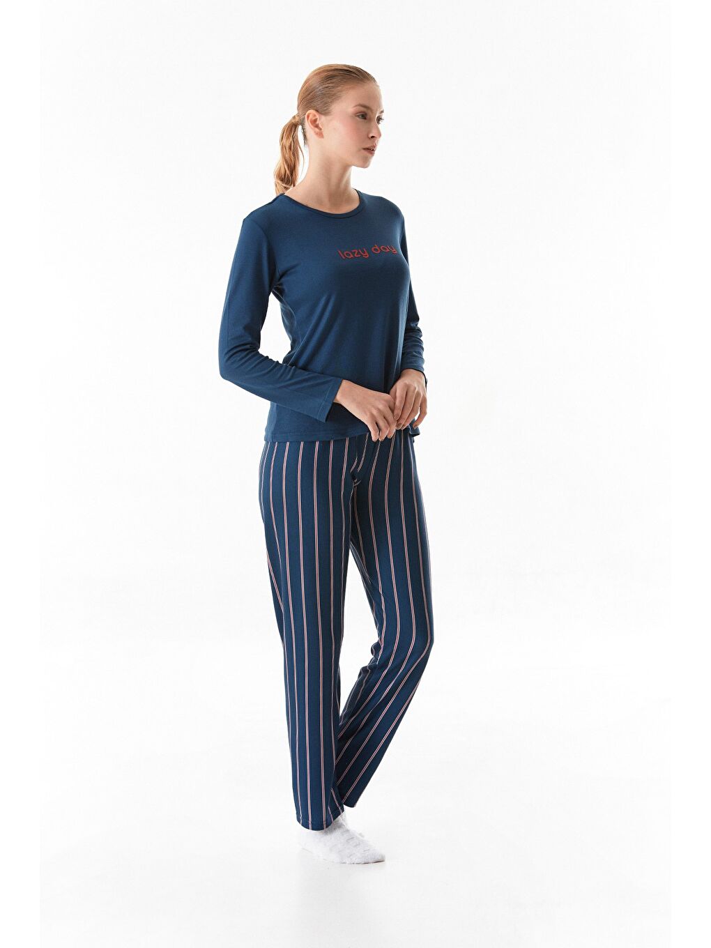 Lacivert Yazı Baskılı Bisiklet Yaka 2'li Pijama Takımı-4