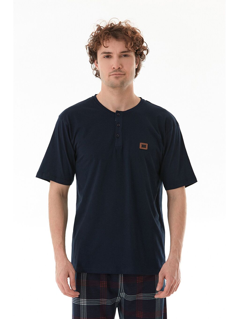 Lacivert Ekose Desenli %100 Pamuk Pijama Takımı-1